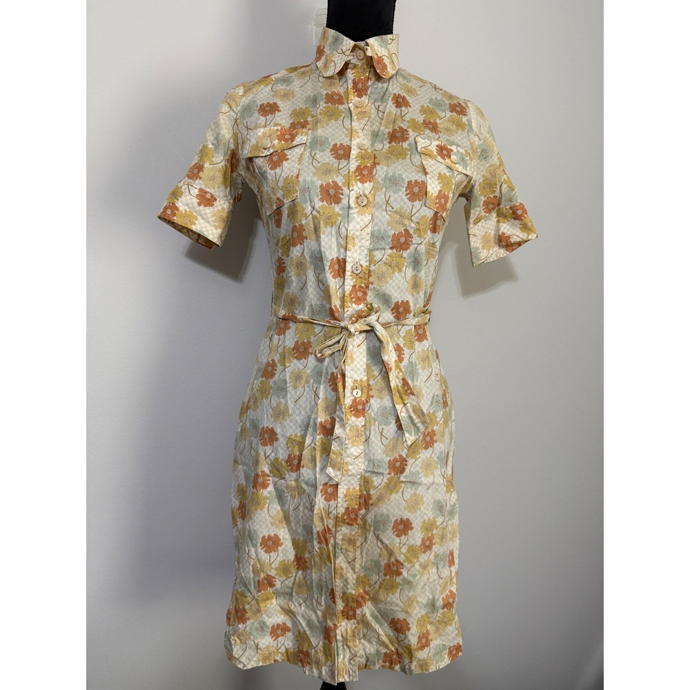 Vtg Ted Baker London Floral Checkered Shirt Dress Orange Yellow Size 2 Tie Waist